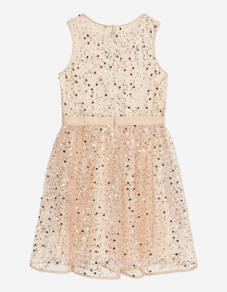 Girls Sleeveless Sequin Dress in Beige