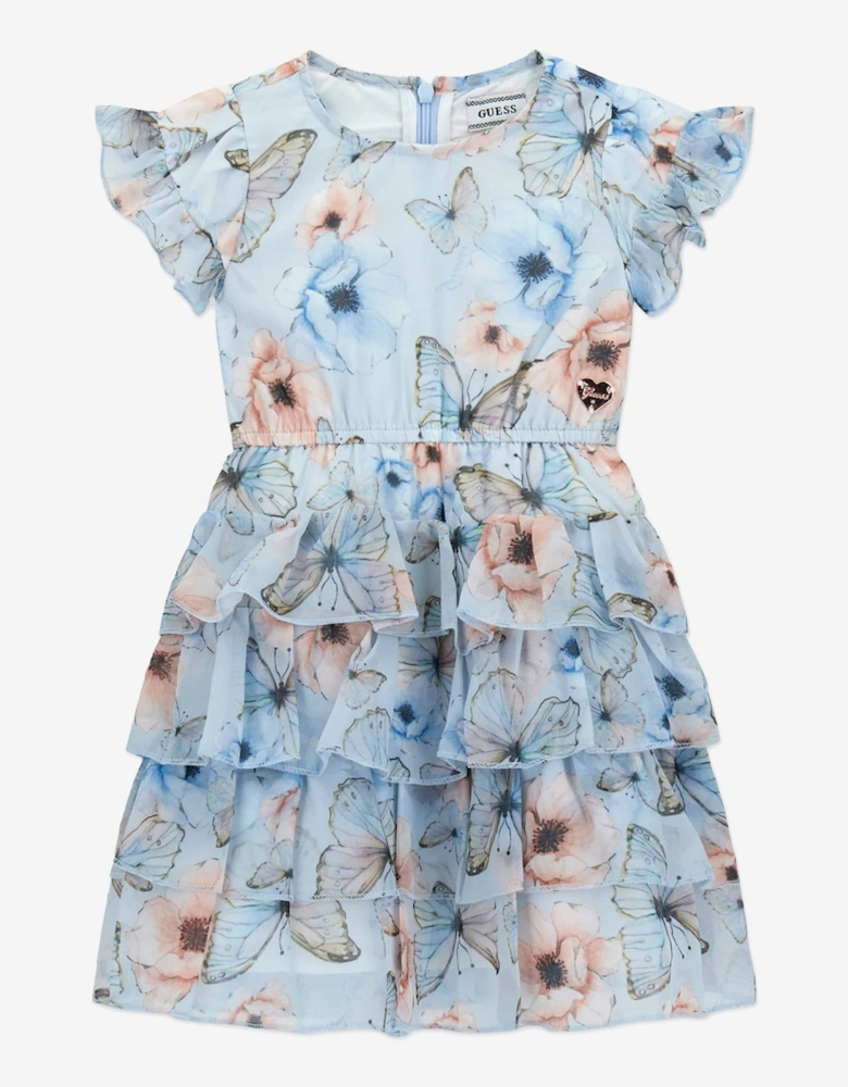 Girls Butterfly Collage Chiffon Dress in Blue