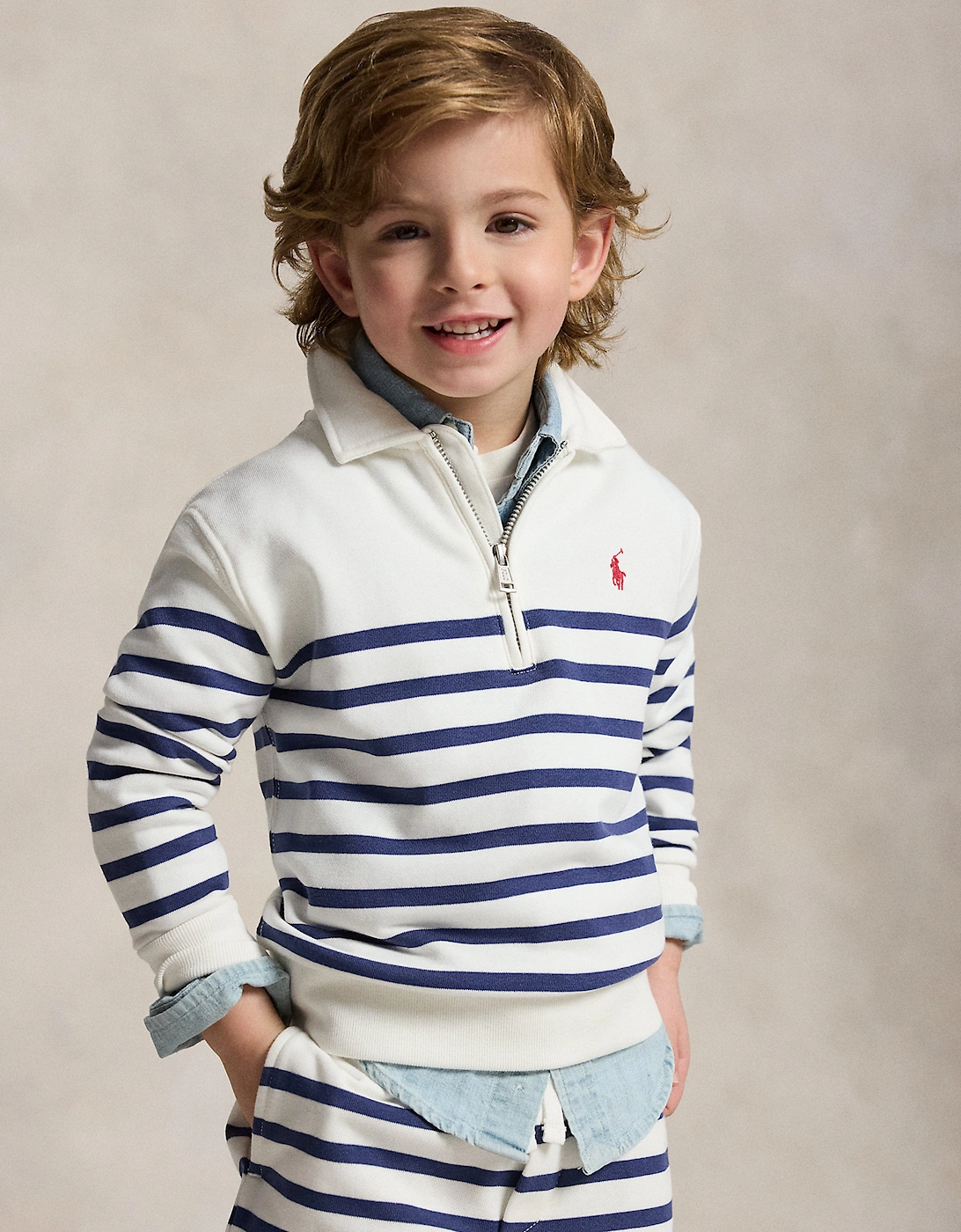Boys Striped Half Zip Sweatshirt in White