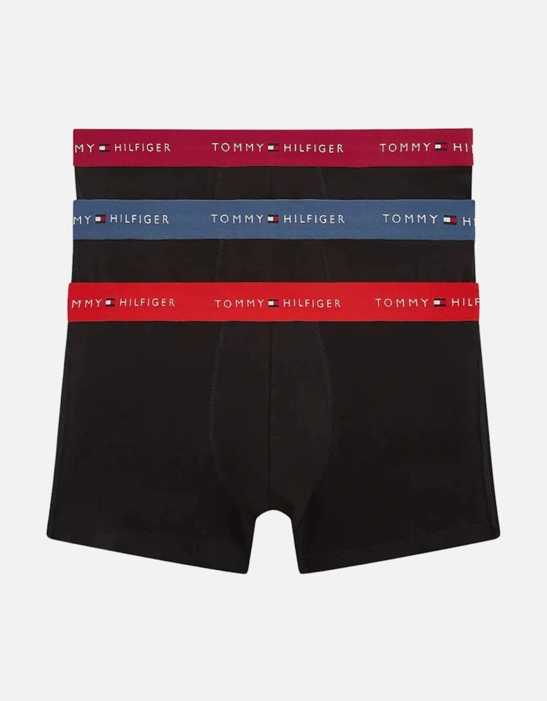 3-Pack Signature Cotton Boxer Trunks, Black w/ burgundy/red/blue