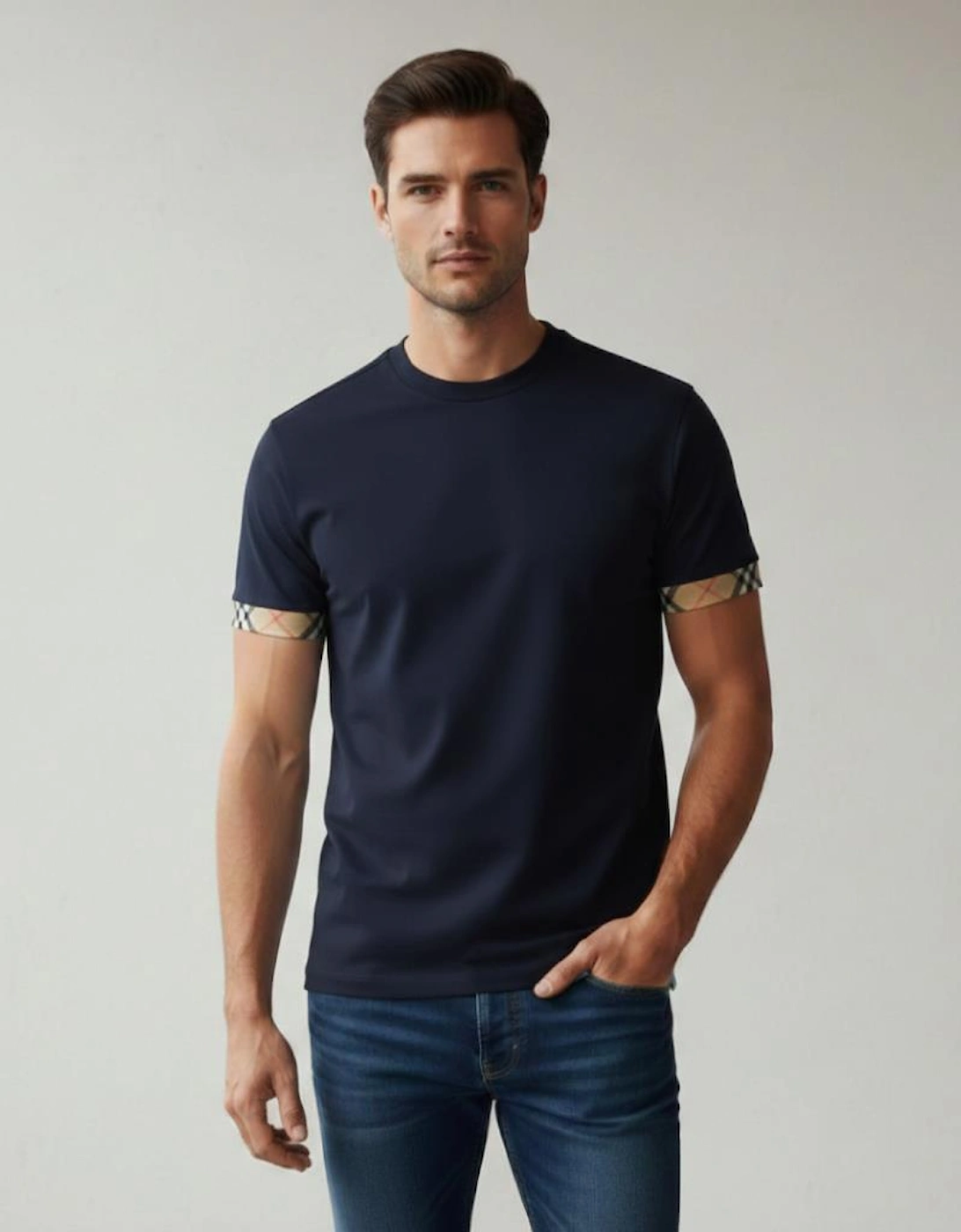 Ellison Check Sleeve T Shirt Navy