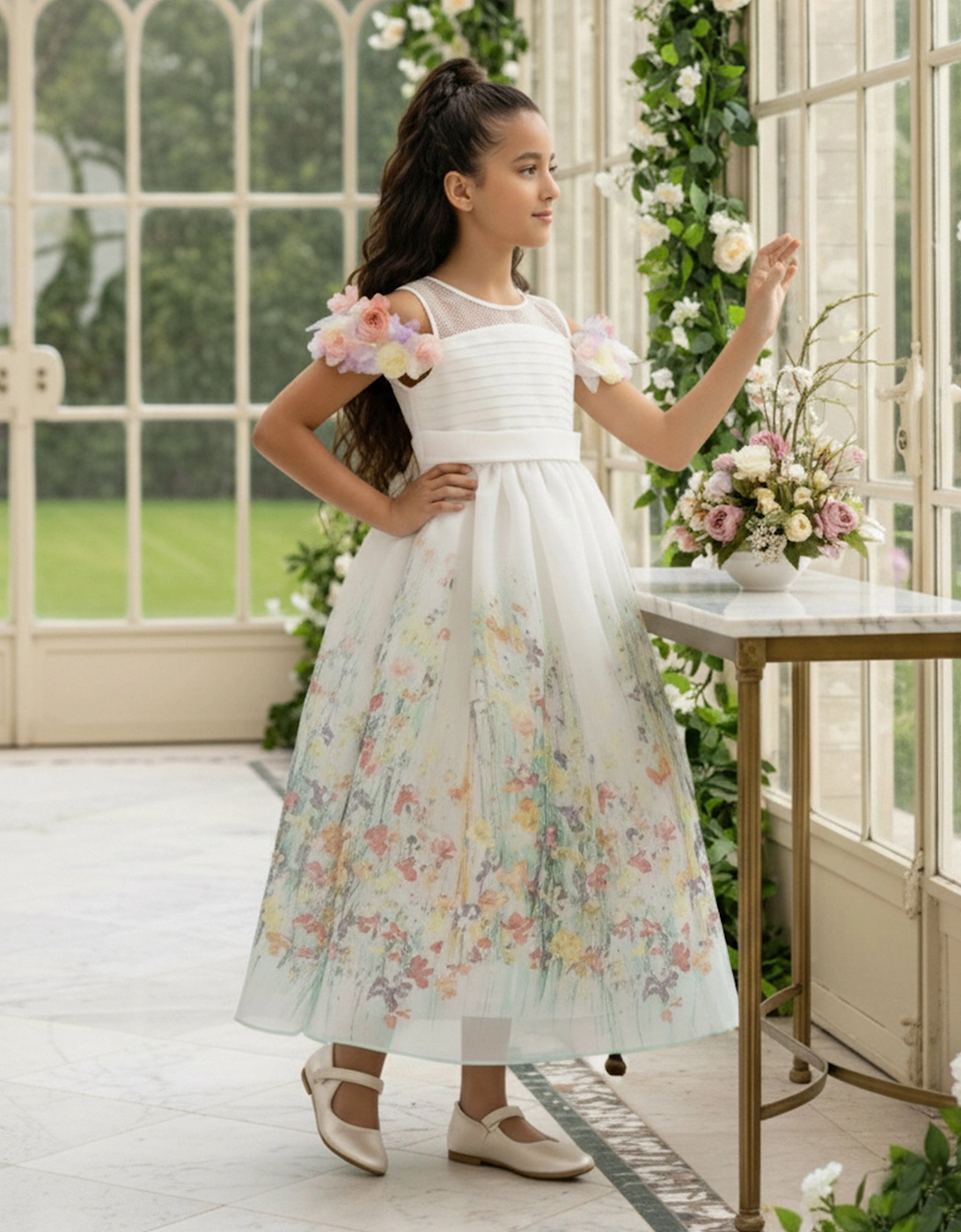 Girls Floral Occasion Dress in Ivory