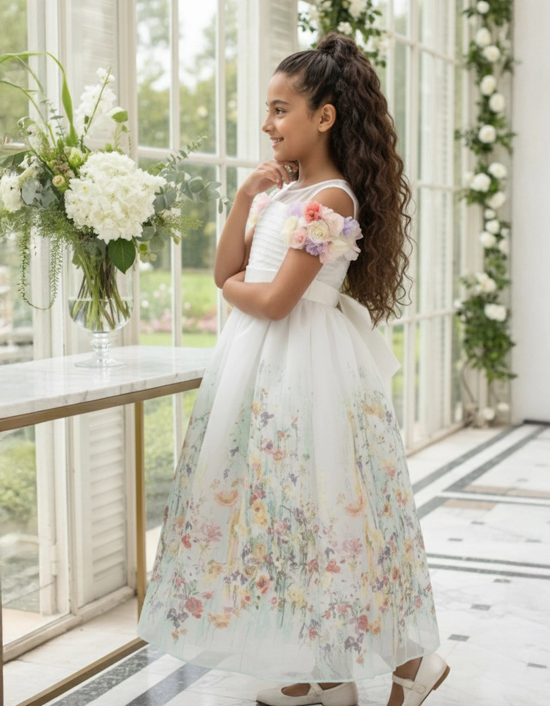 Girls Floral Occasion Dress in Ivory