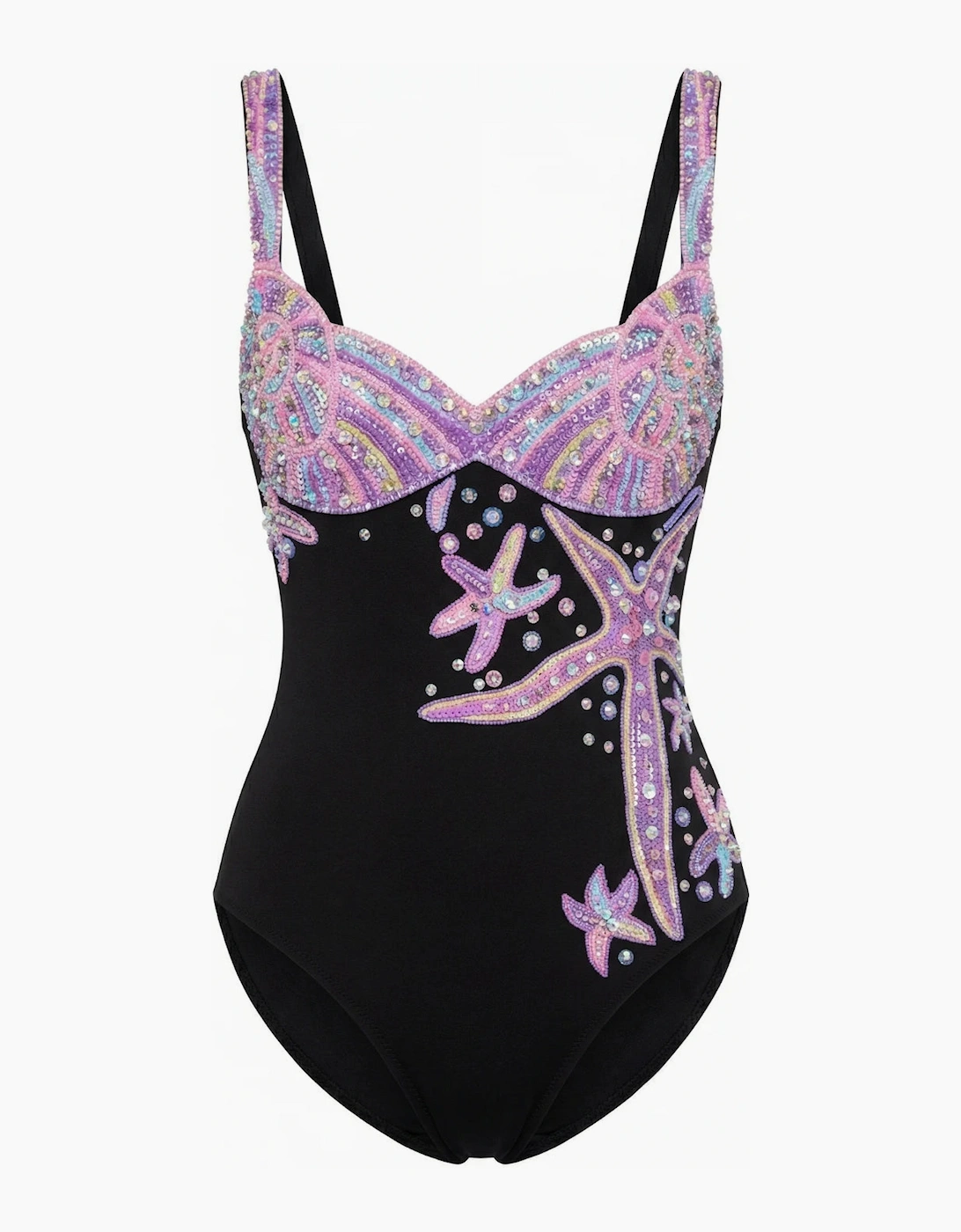 Selene Sea Shell Hand-Beaded Swimsuit in Black Pink shell bust