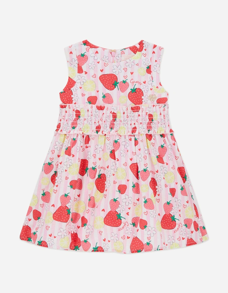 Girls Poplin Sleeveless Strawberry Dress in Pink
