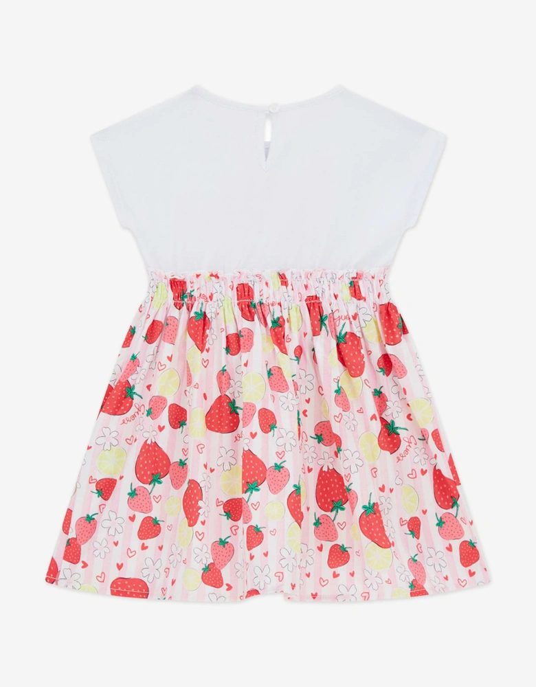 Girls Mixed Fabric Strawberry Dress in Pink