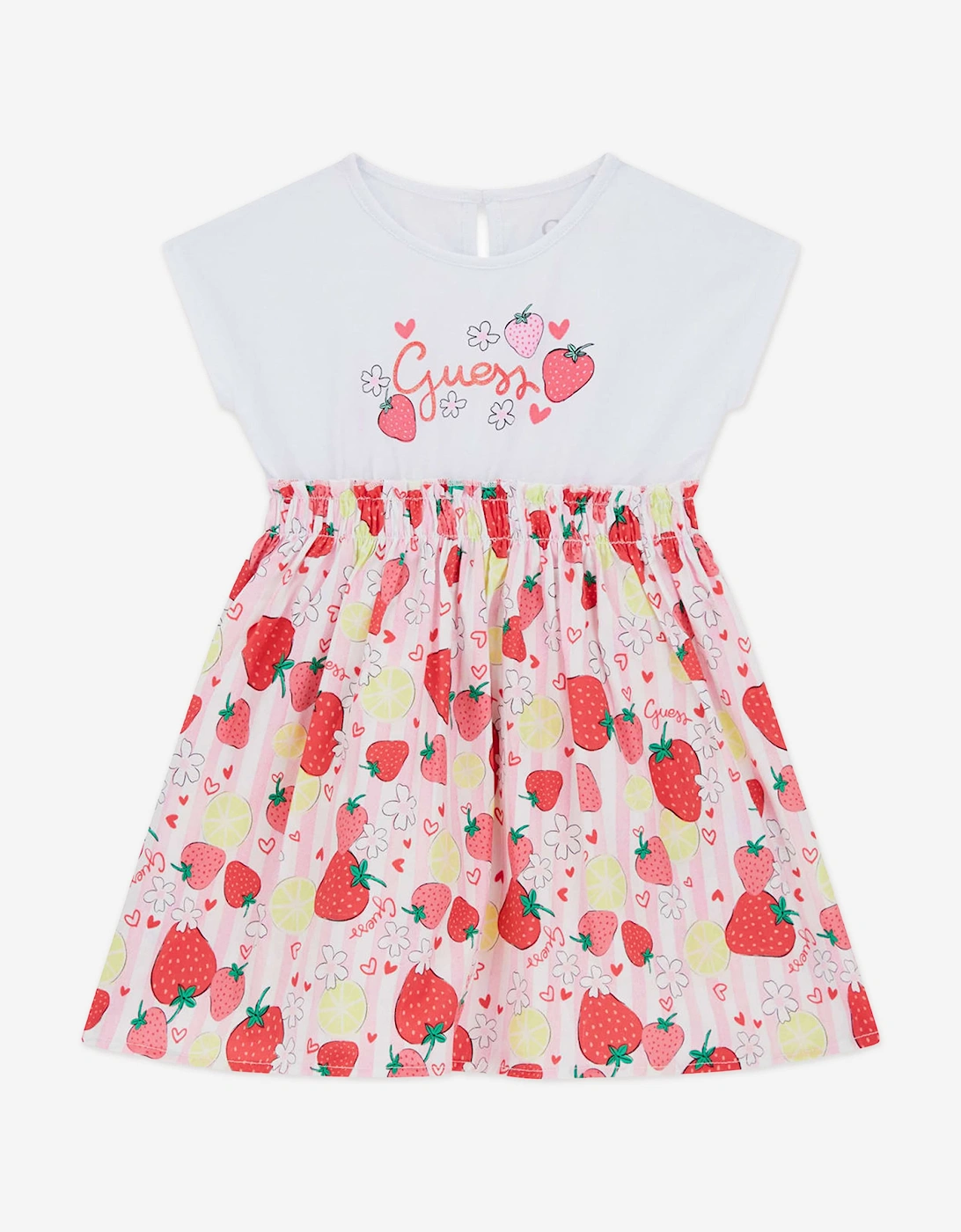 Girls Mixed Fabric Strawberry Dress in Pink, 5 of 4