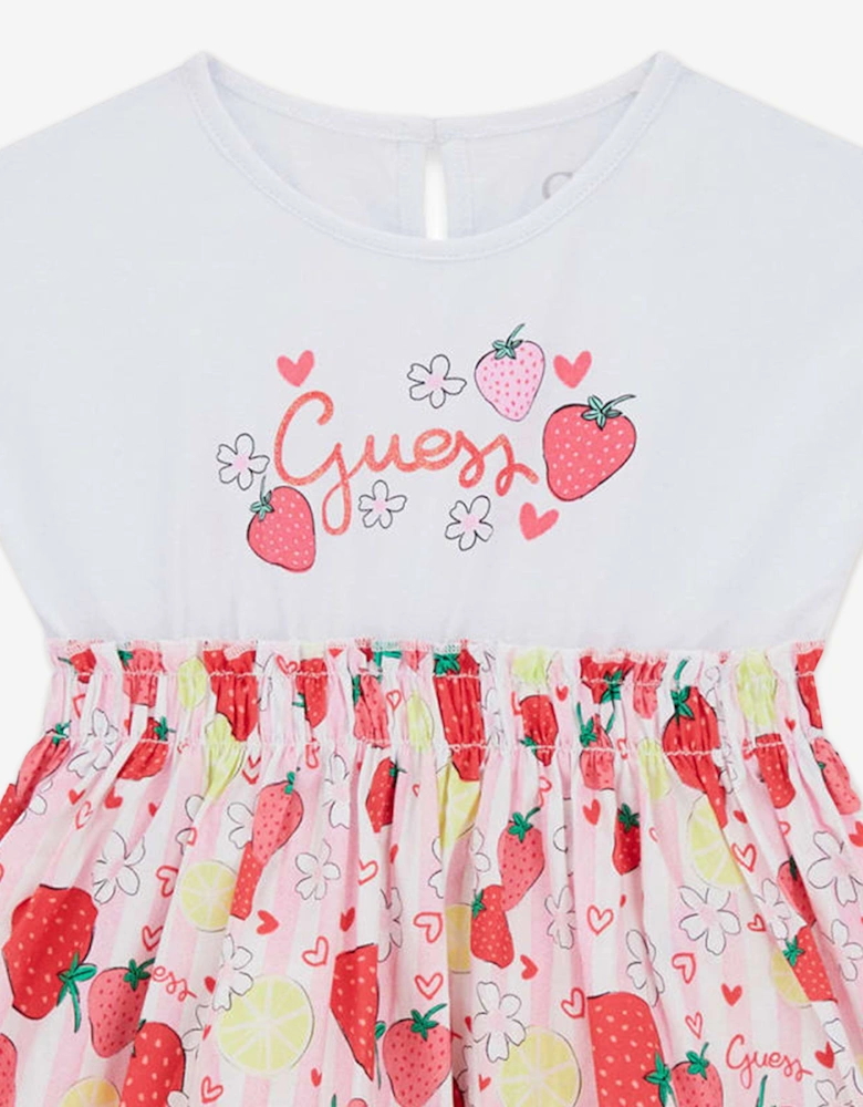 Girls Mixed Fabric Strawberry Dress in Pink