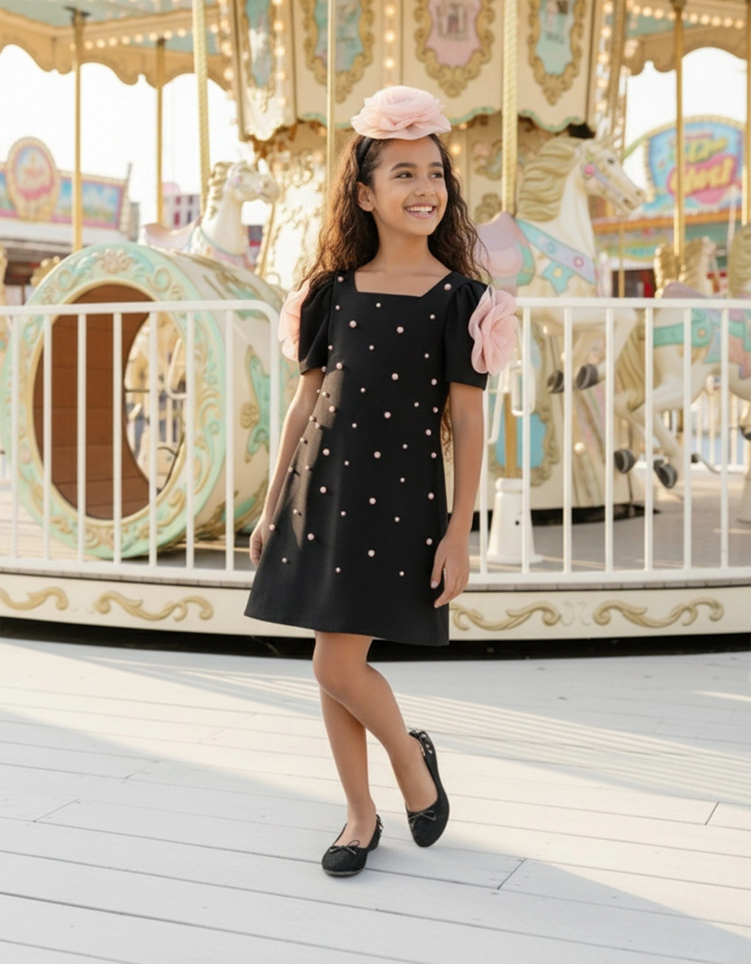 Girls Flower Occasion Dress in Black, 8 of 7