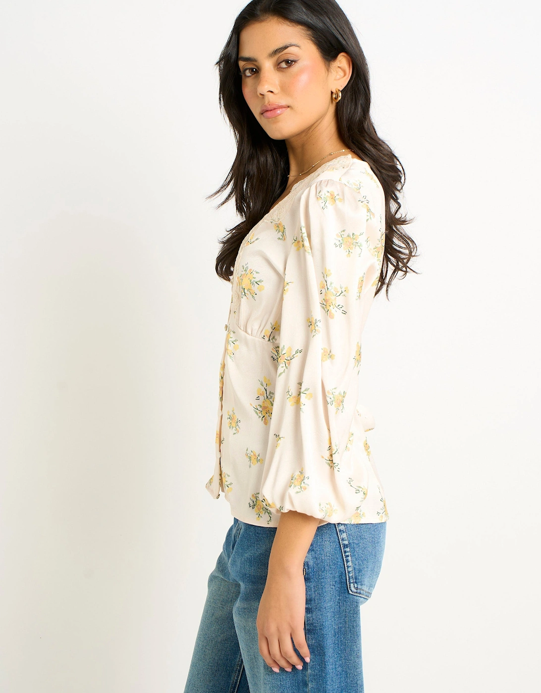 Cream Lace Trim Satin Button Through Blouse