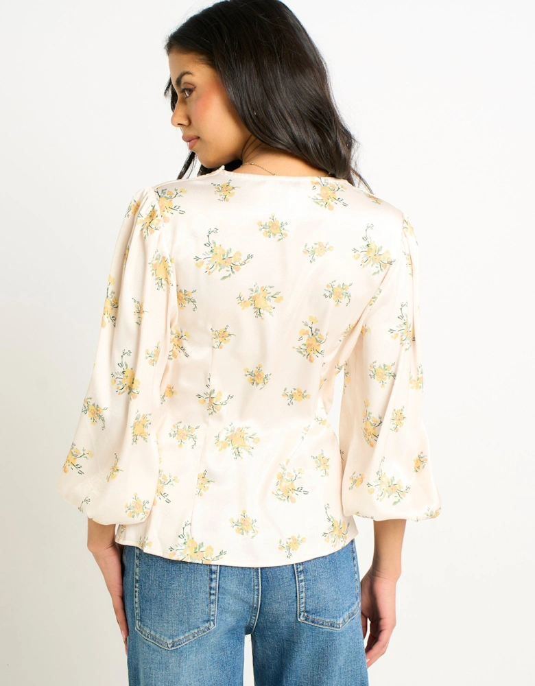 Cream Lace Trim Satin Button Through Blouse