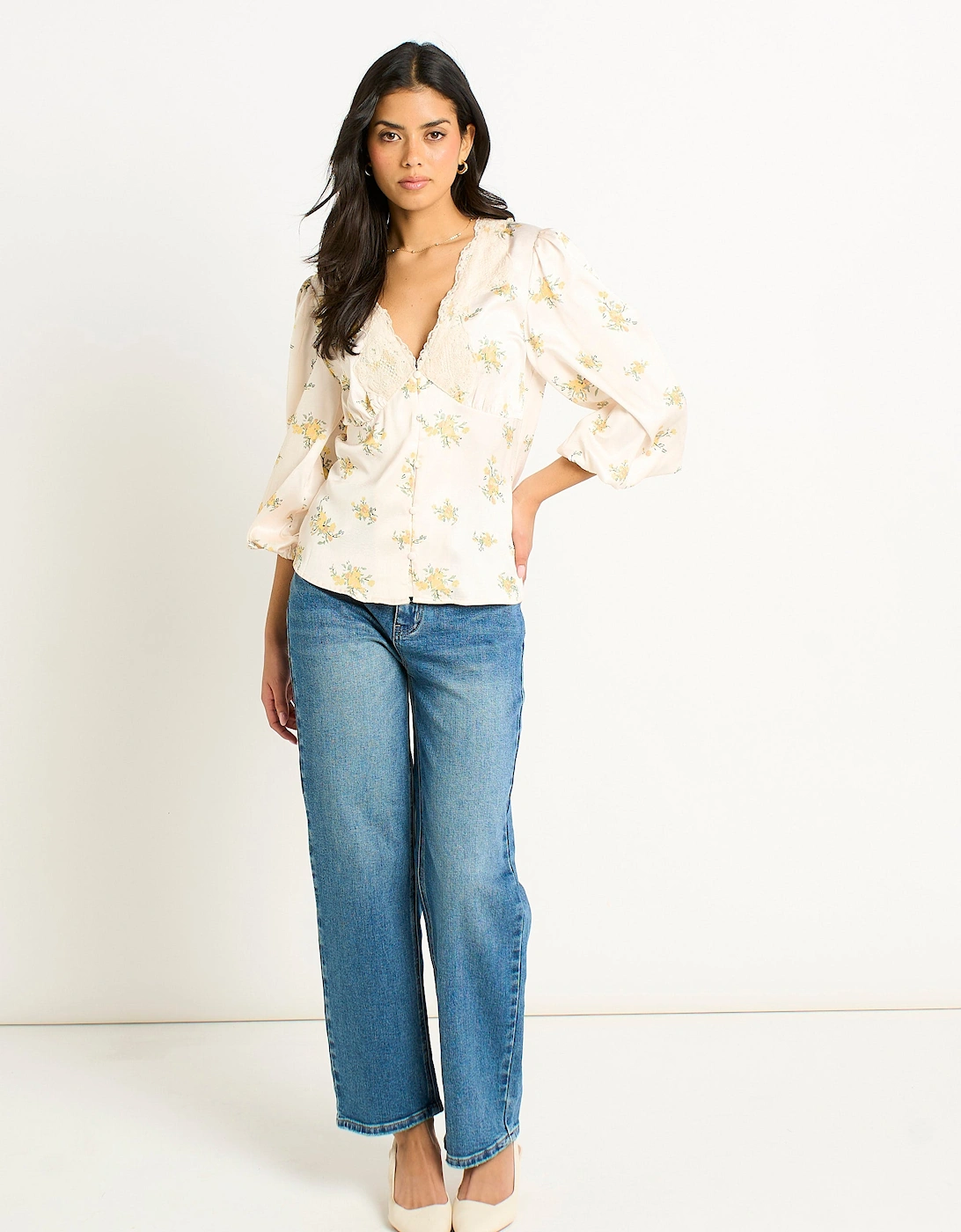 Cream Lace Trim Satin Button Through Blouse