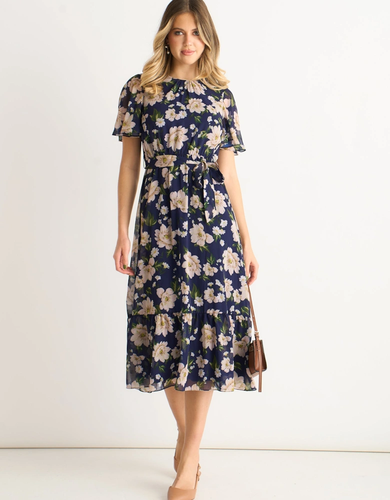 Navy Floral Print Fit & Flare Midi Dress