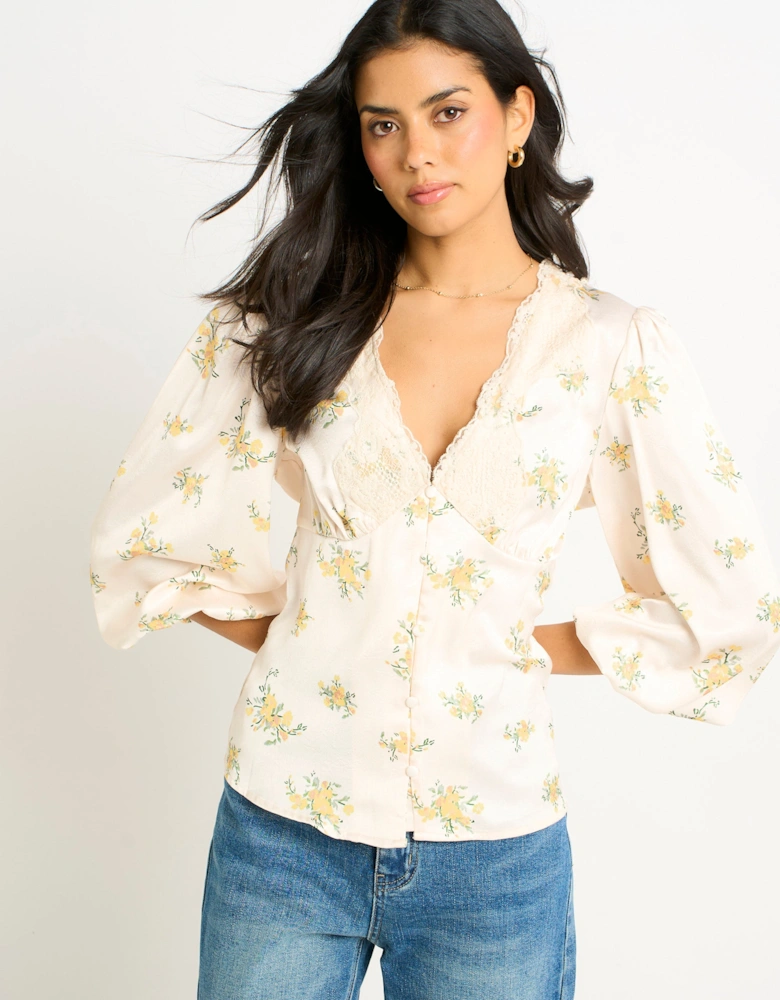 Cream Lace Trim Satin Button Through Blouse