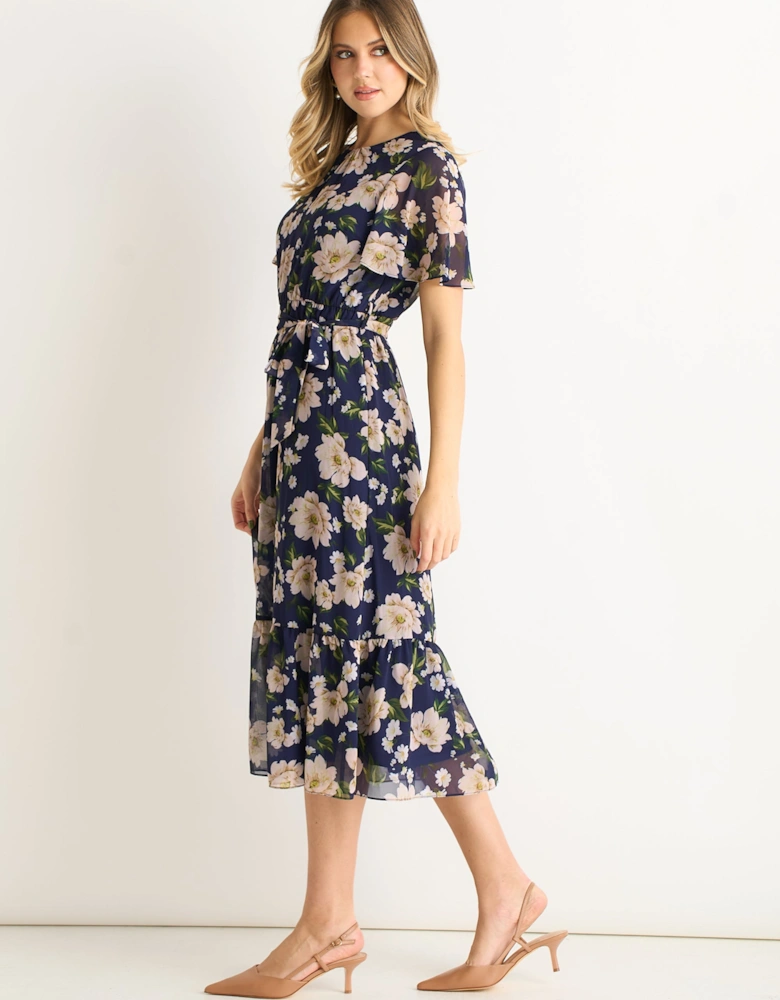 Navy Floral Print Fit & Flare Midi Dress