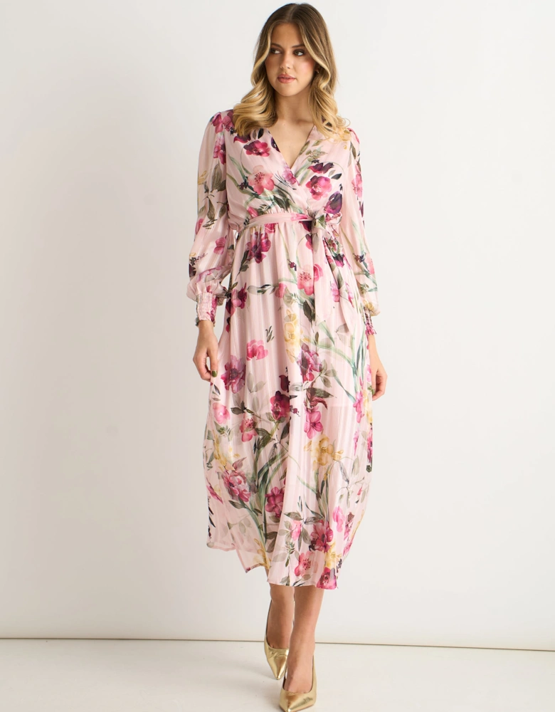 Pink Floral Print Sparkle Chiffon Wrap Midi Dress