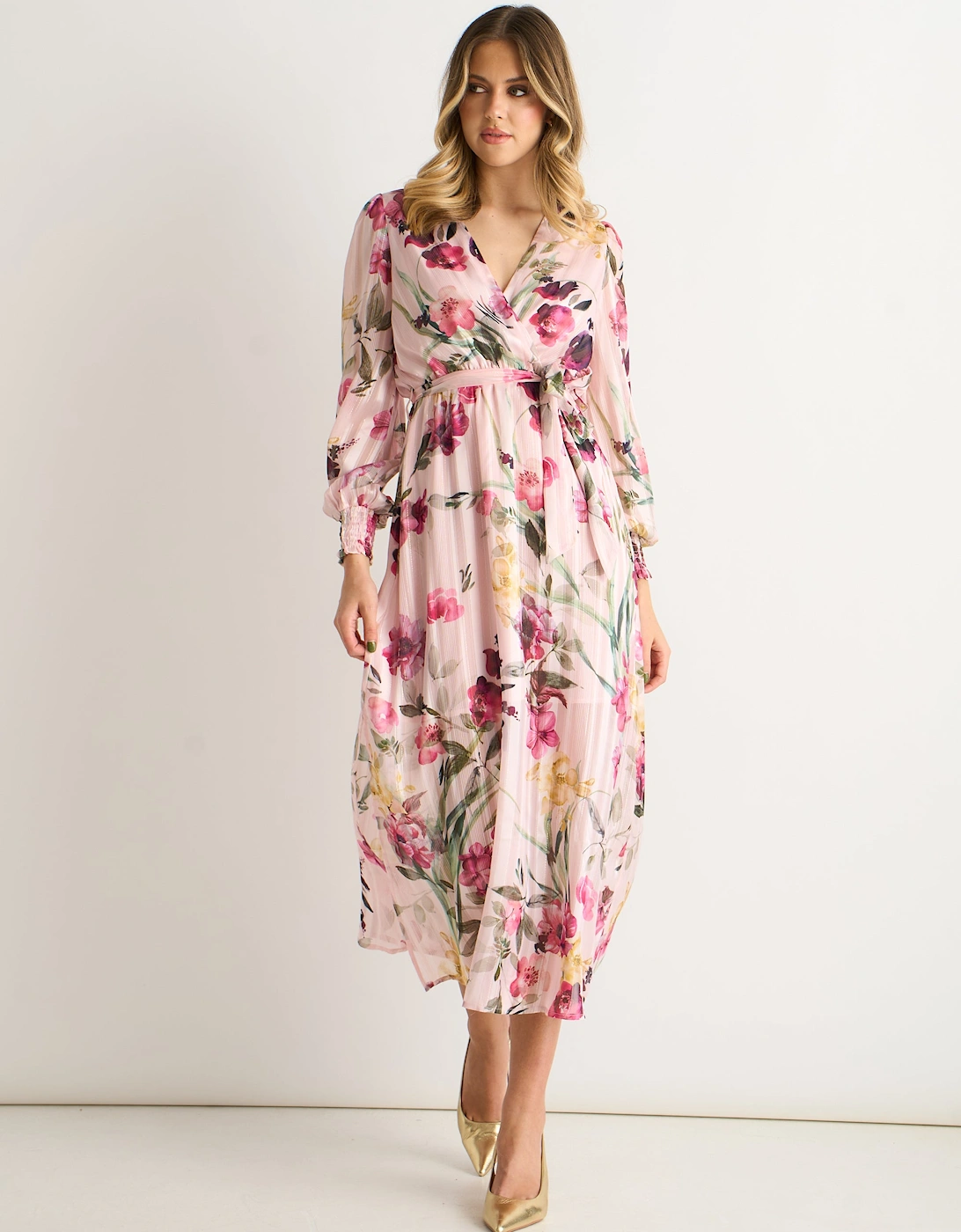 Pink Floral Print Sparkle Chiffon Wrap Midi Dress, 5 of 4