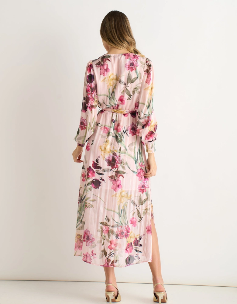 Pink Floral Print Sparkle Chiffon Wrap Midi Dress