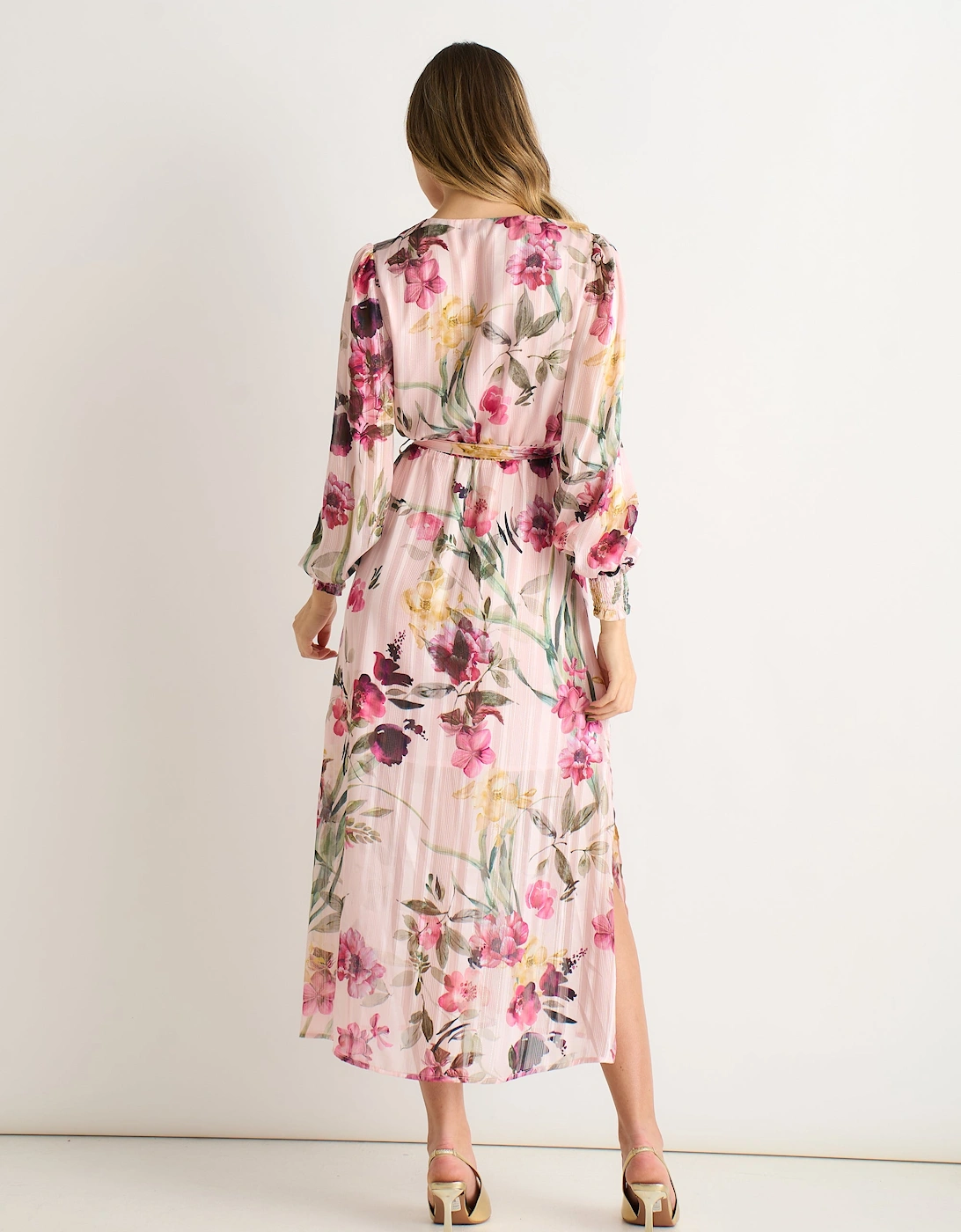Pink Floral Print Sparkle Chiffon Wrap Midi Dress