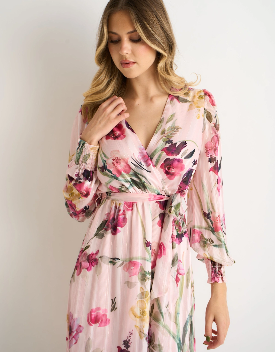Pink Floral Print Sparkle Chiffon Wrap Midi Dress