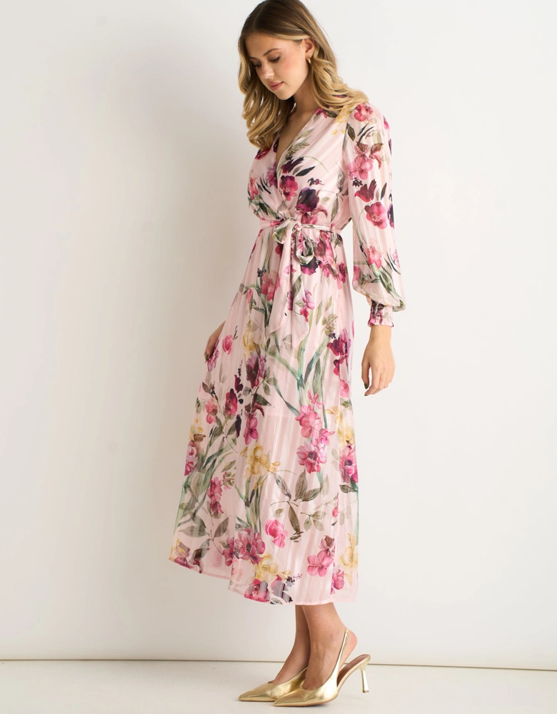 Pink Floral Print Sparkle Chiffon Wrap Midi Dress