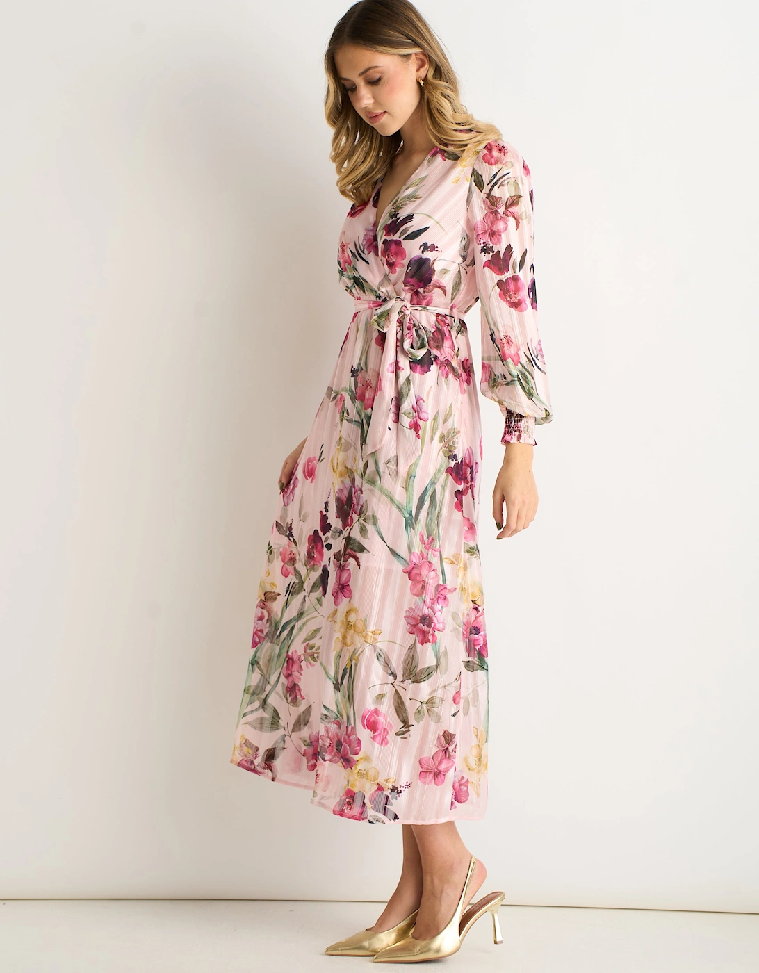 Pink Floral Print Sparkle Chiffon Wrap Midi Dress