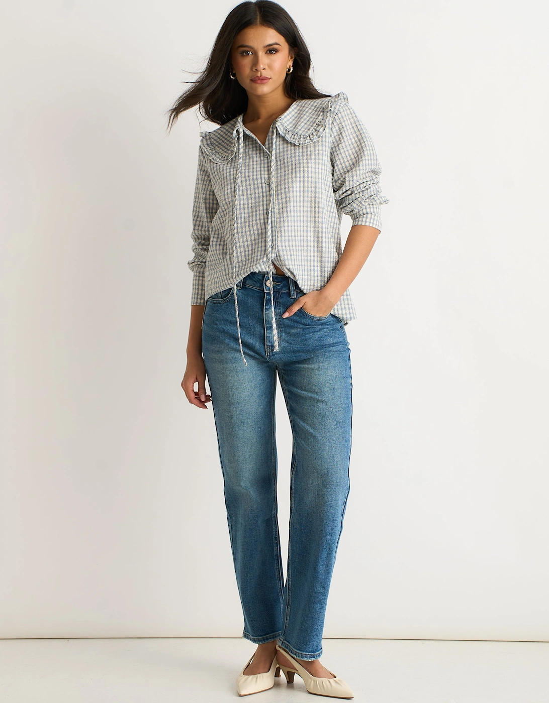 Blue Gingham Textured Check Peter Pan Collared Shirt