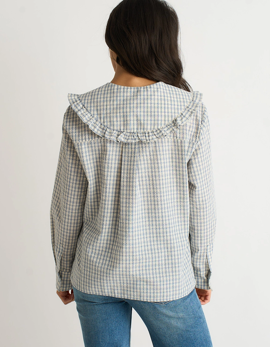 Blue Gingham Textured Check Peter Pan Collared Shirt