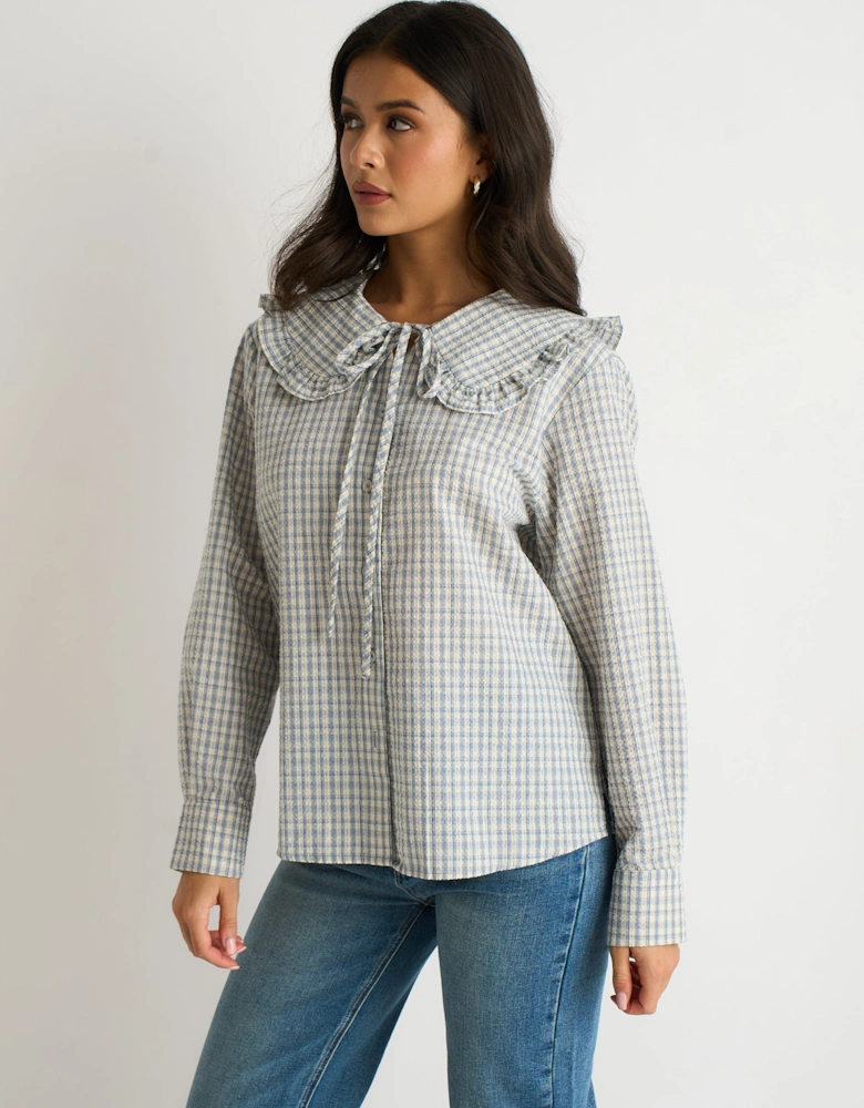 Blue Gingham Textured Check Peter Pan Collared Shirt