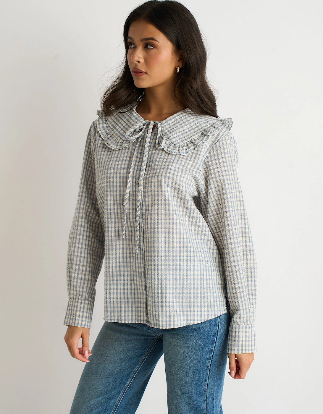 Blue Gingham Textured Check Peter Pan Collared Shirt