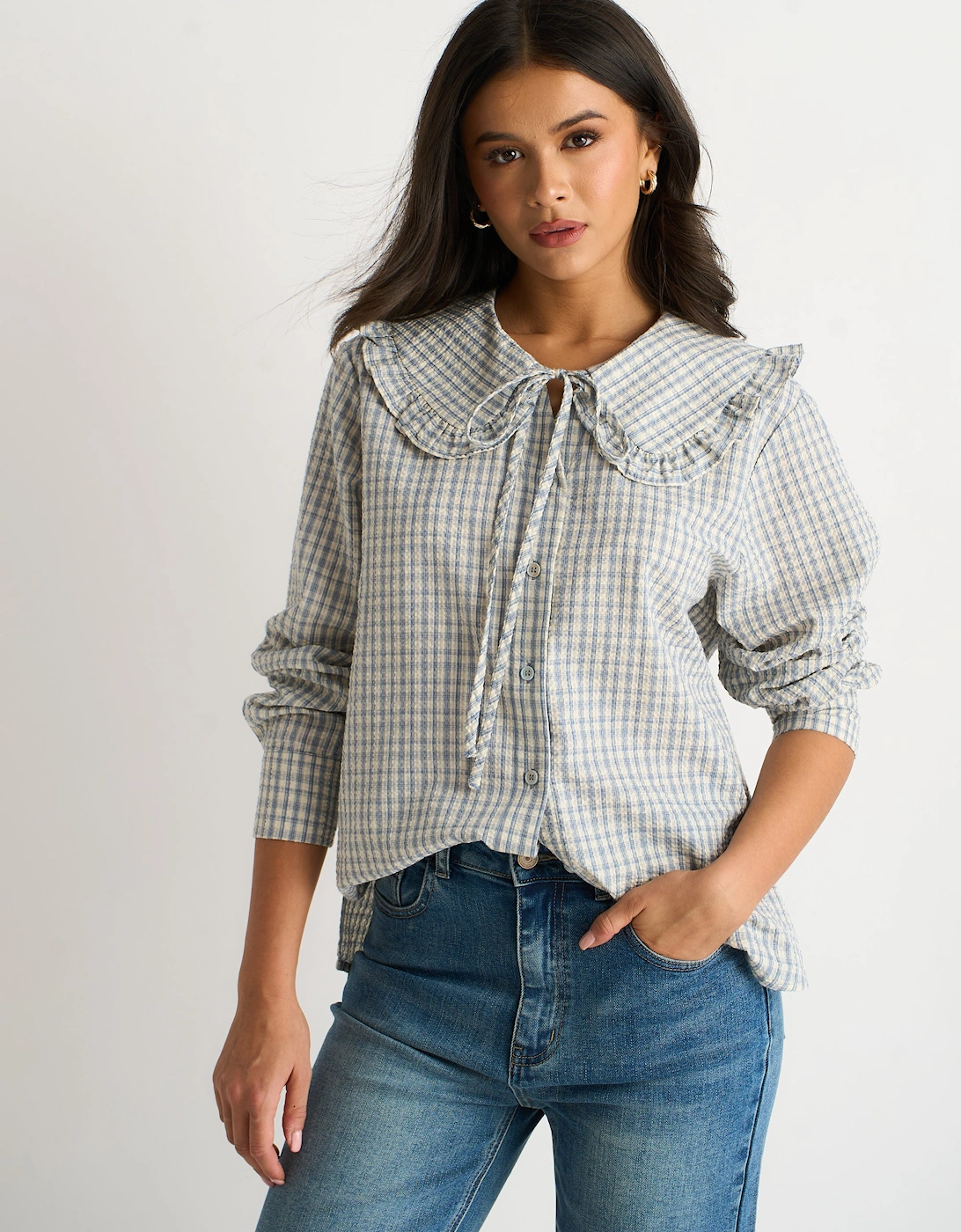 Blue Gingham Textured Check Peter Pan Collared Shirt, 5 of 4