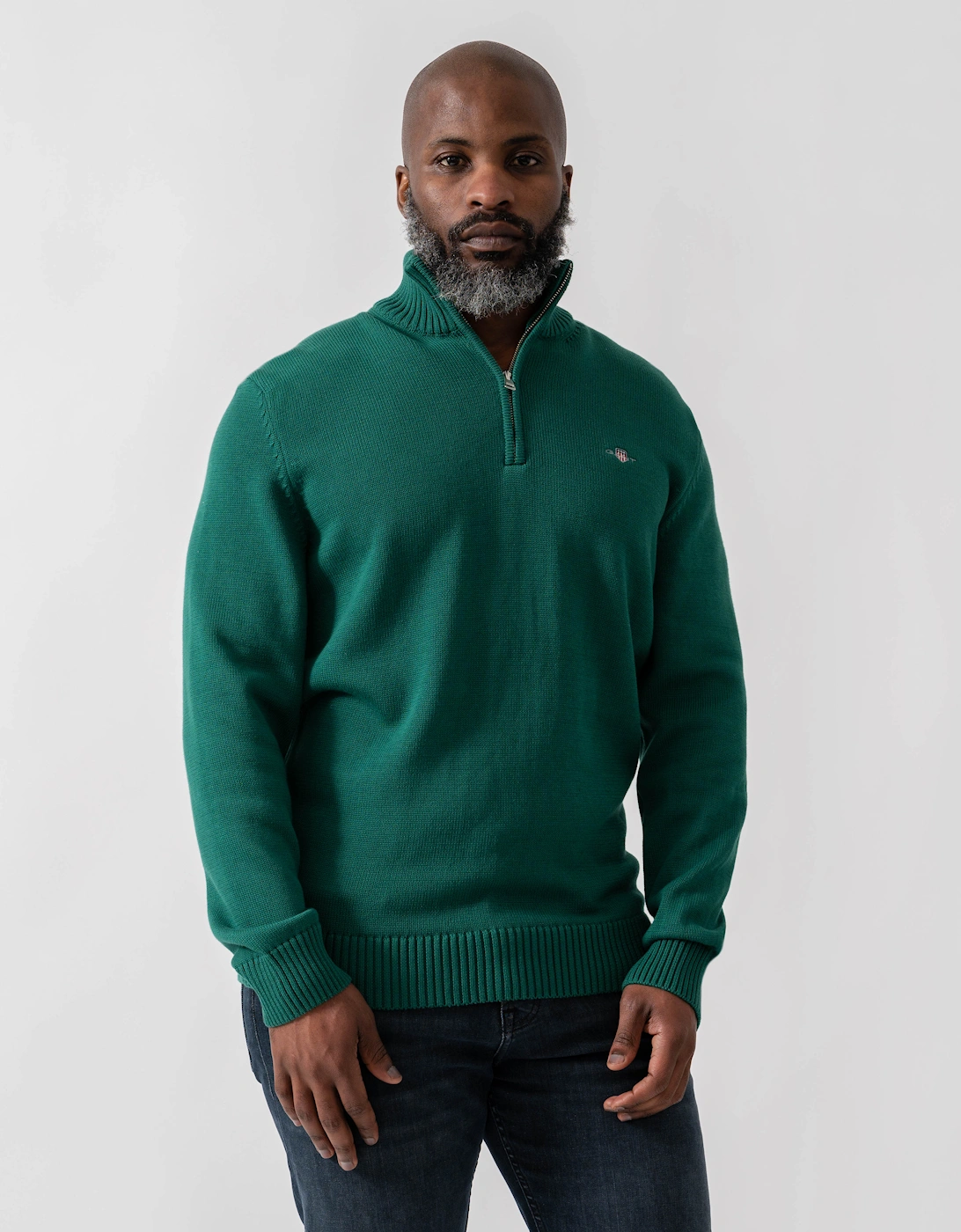 Gant Men's Green Casual Cotton Half Zip Jumper - 373 Deep Forest  44 Xxl