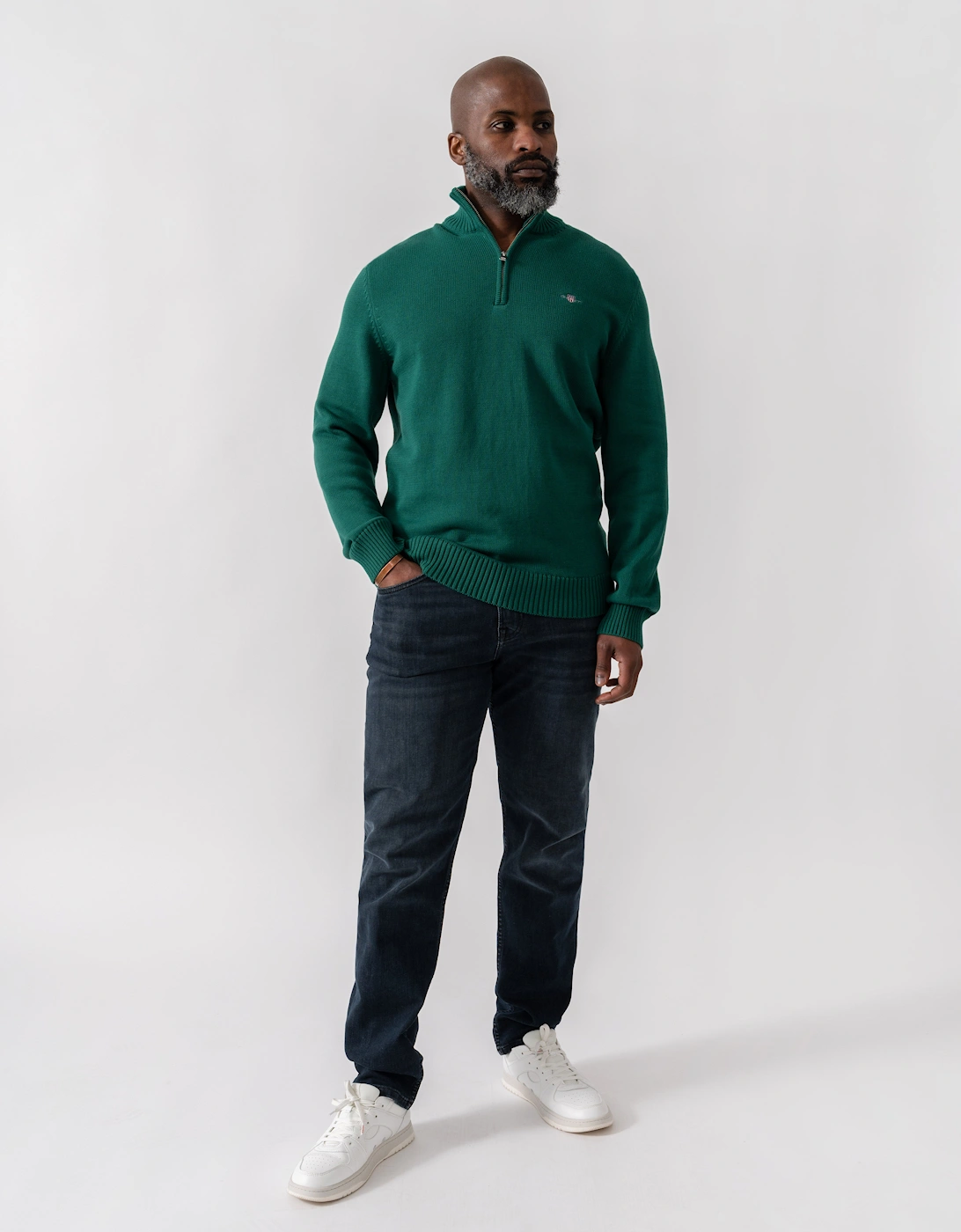 Mens Casual Cotton Half Zip Jumper - 373 Deep Forest Green