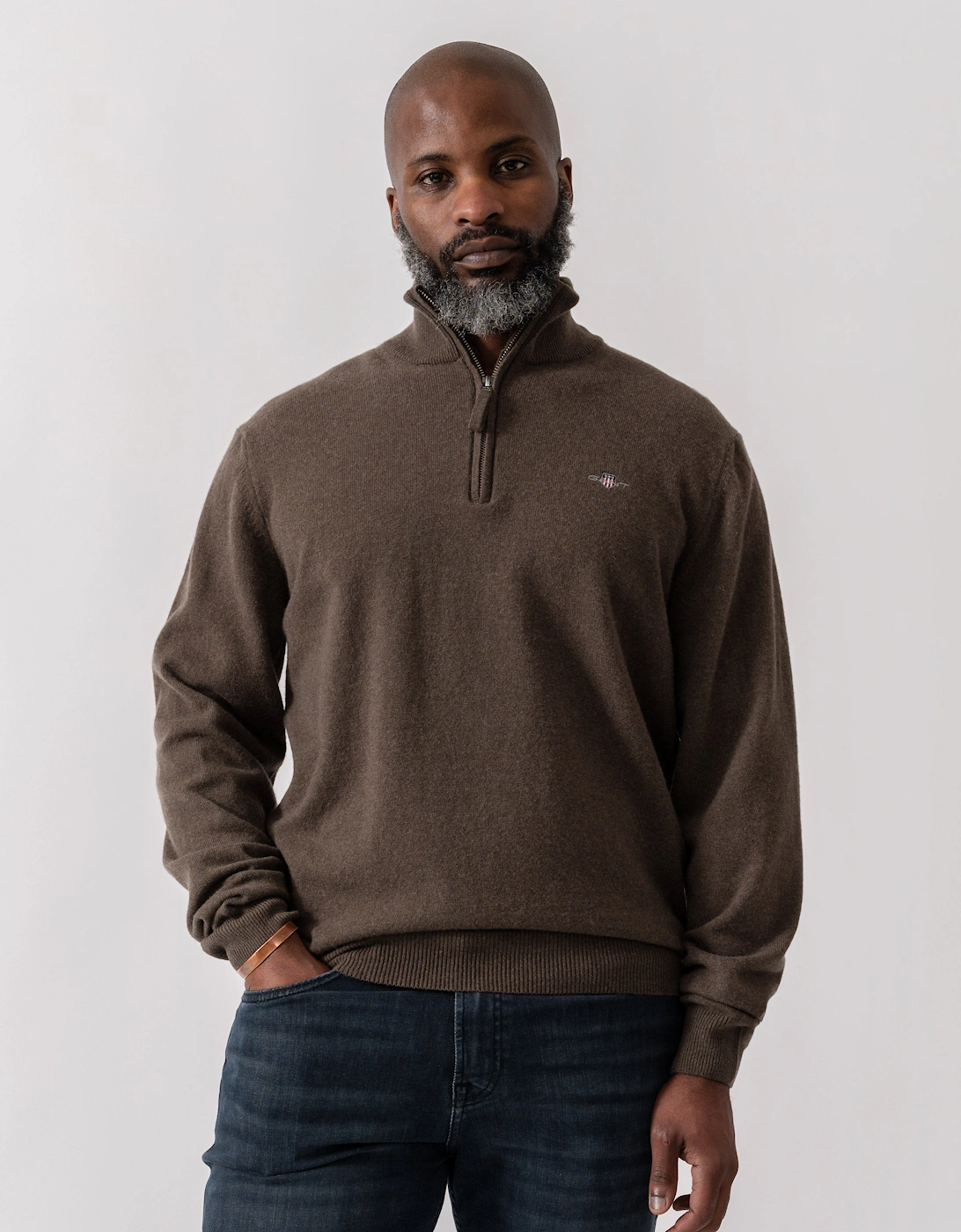 Gant Men's Brown Superfine Lambswool Half Zip Cardigan - 290 Seawood Melange  42 Xl