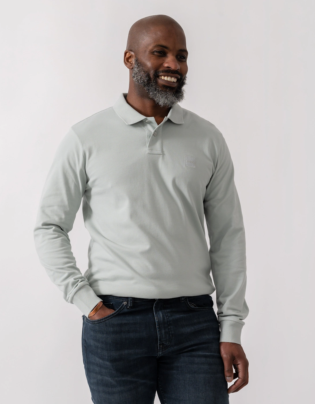 Hugo Boss Men's Grey Boss Orange Passerby Long Sleeve Stretch-Cotton Polo Shirt With Logo Patch - Silver 043 - Size: 40