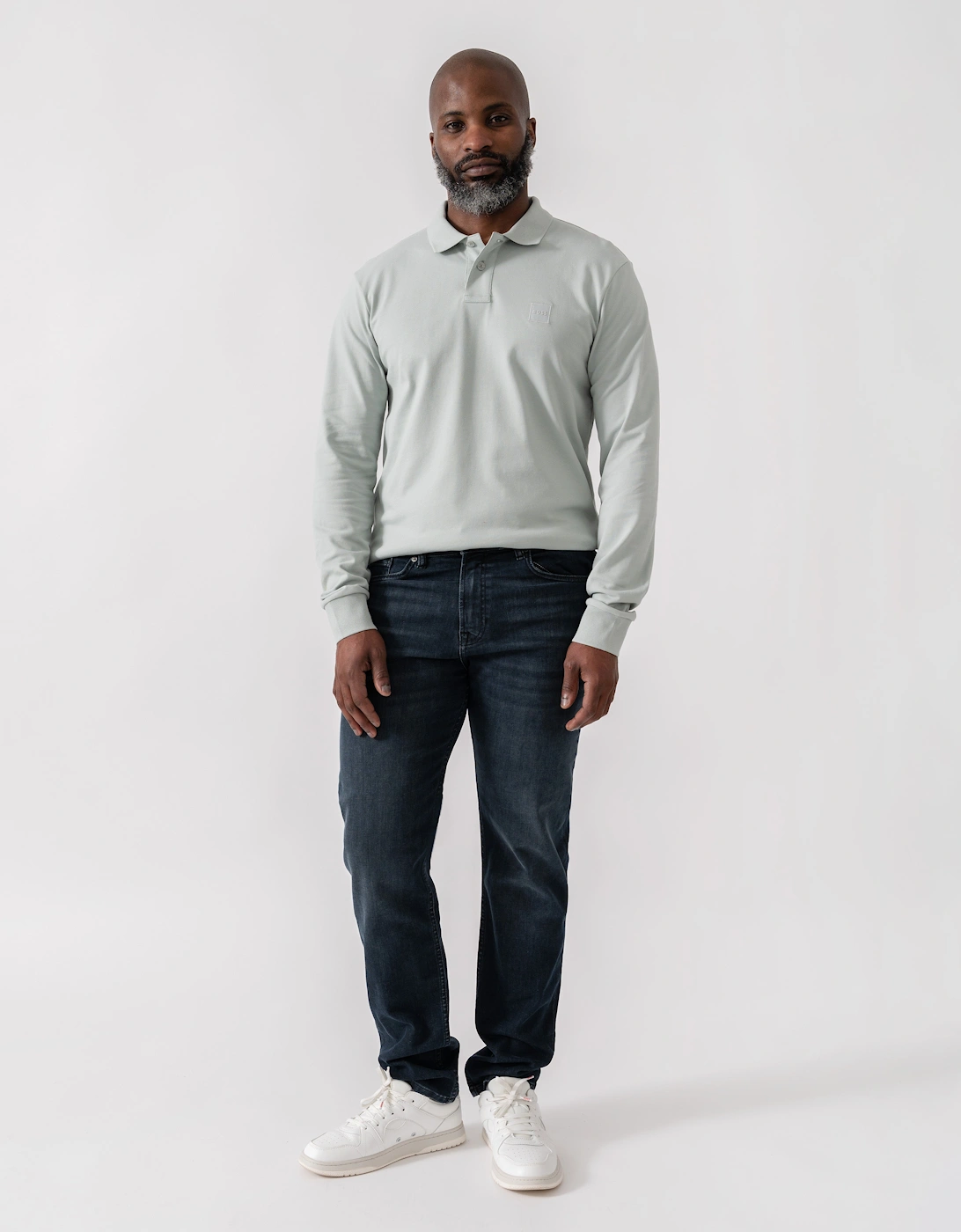 BOSS Orange Passerby Mens Long Sleeve Stretch-Cotton Polo Shirt with Logo Patch - Silver 043