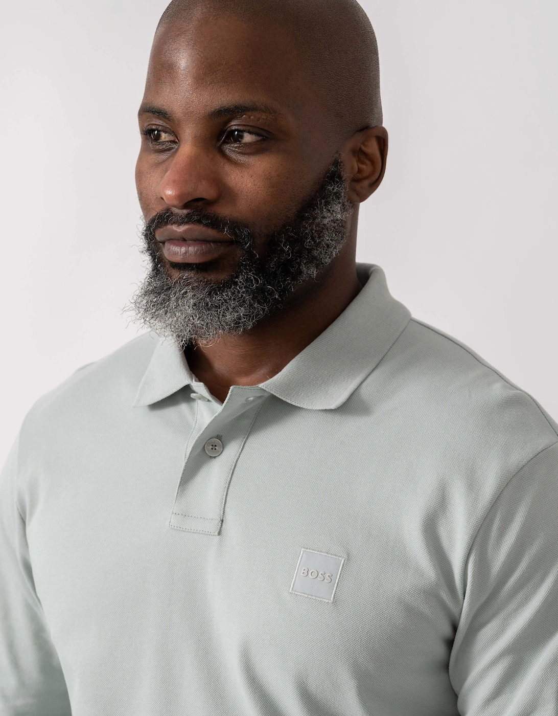 BOSS Orange Passerby Mens Long Sleeve Stretch-Cotton Polo Shirt with Logo Patch - Silver 043