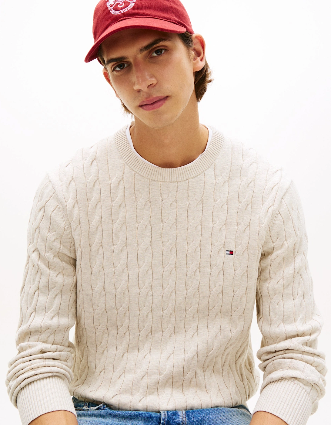 Classic Cable Mens Crew Jumper - Heathered Oatmilk
