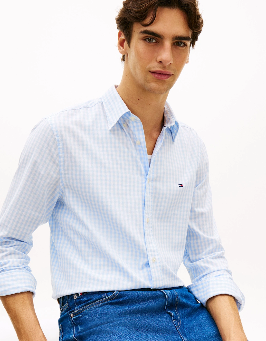 Flex Poplin Gingham Mens Long Sleeve Shirt - Sweet Blue/Check