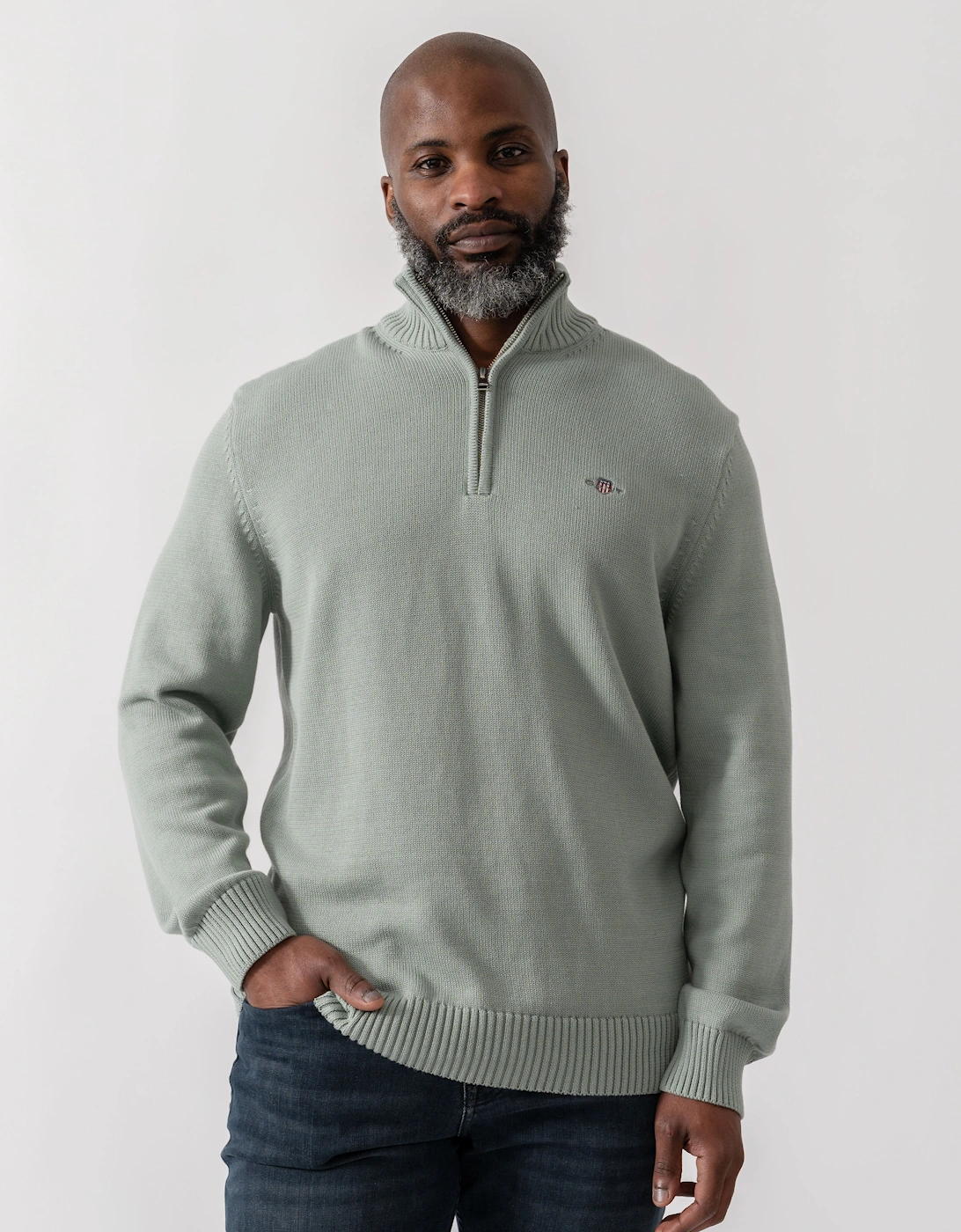 Gant Men's Tan Casual Cotton Half Zip Jumper - 10 Ceramic Grey - Size 40