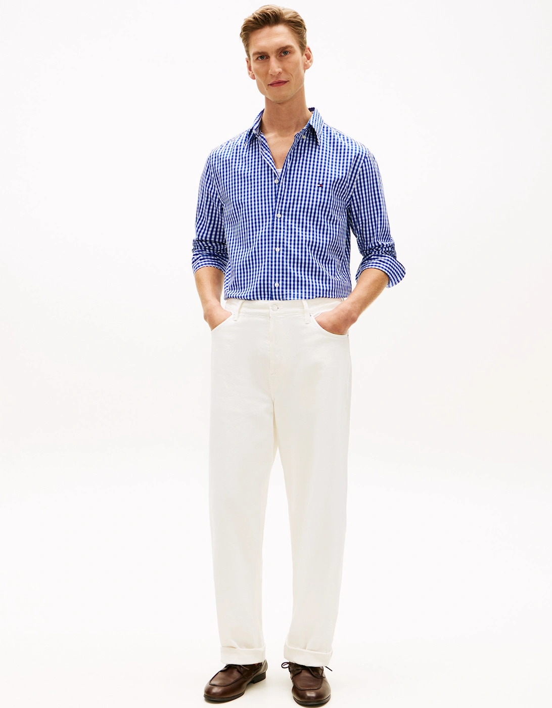 Flex Poplin Gingham Mens Long Sleeve Shirt - Wedge Blue/Check