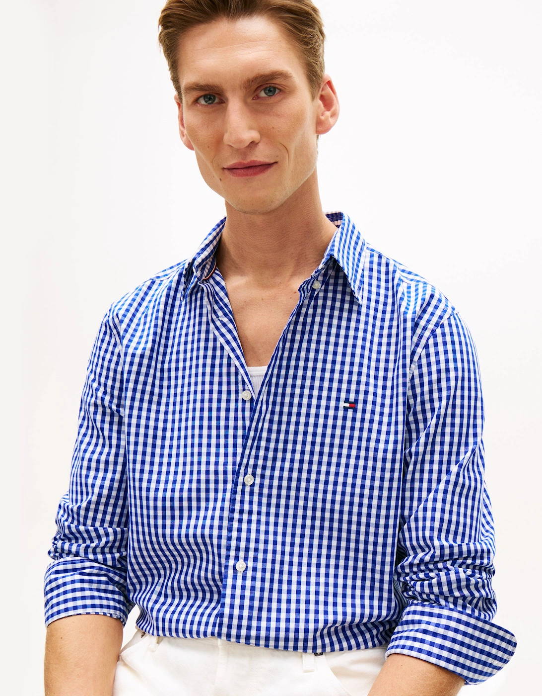 Tommy Hilfiger Men's Blue Flex Poplin Gingham Long Sleeve Shirt - Wedge /Check  38/Regular M