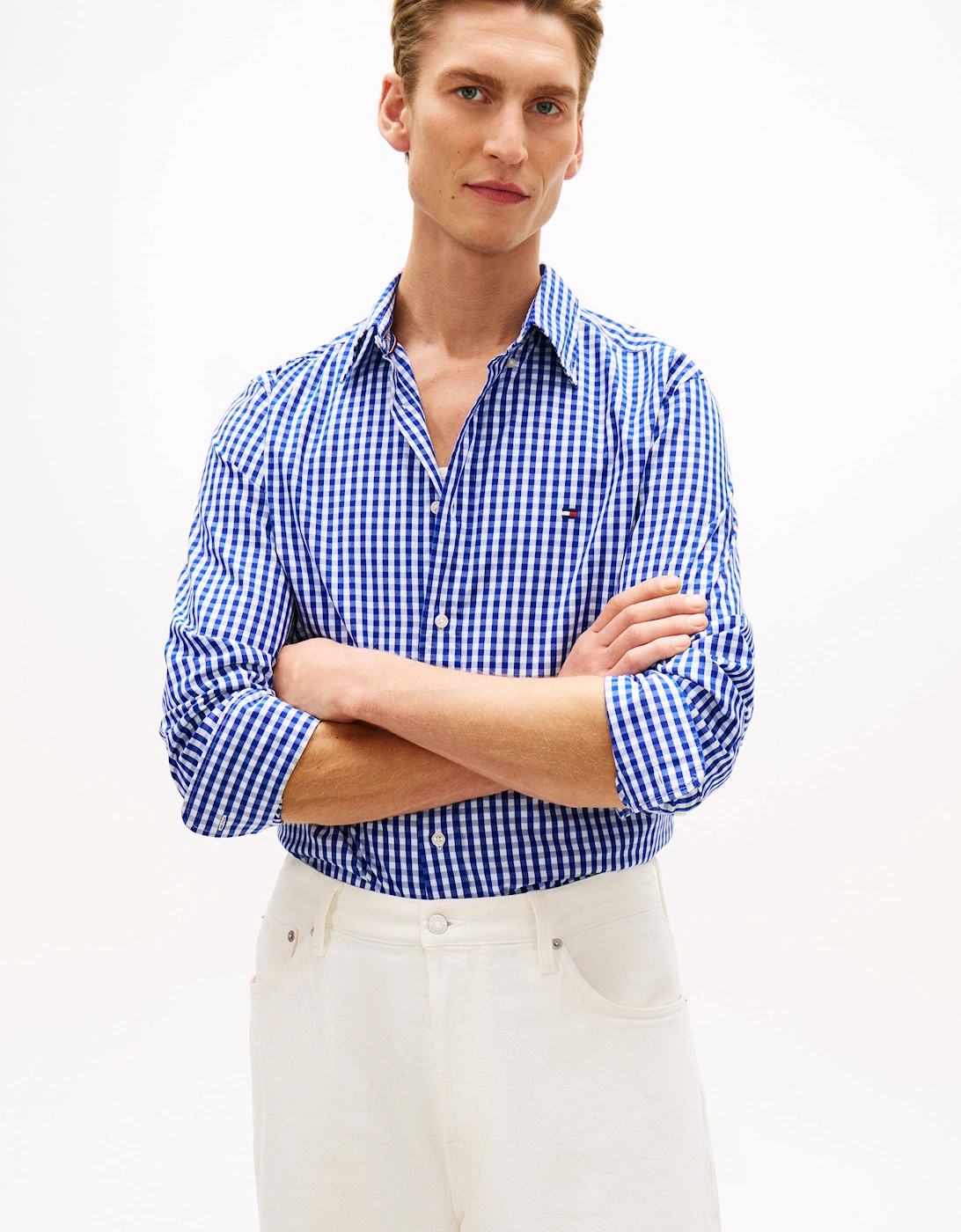 Flex Poplin Gingham Mens Long Sleeve Shirt - Wedge Blue/Check