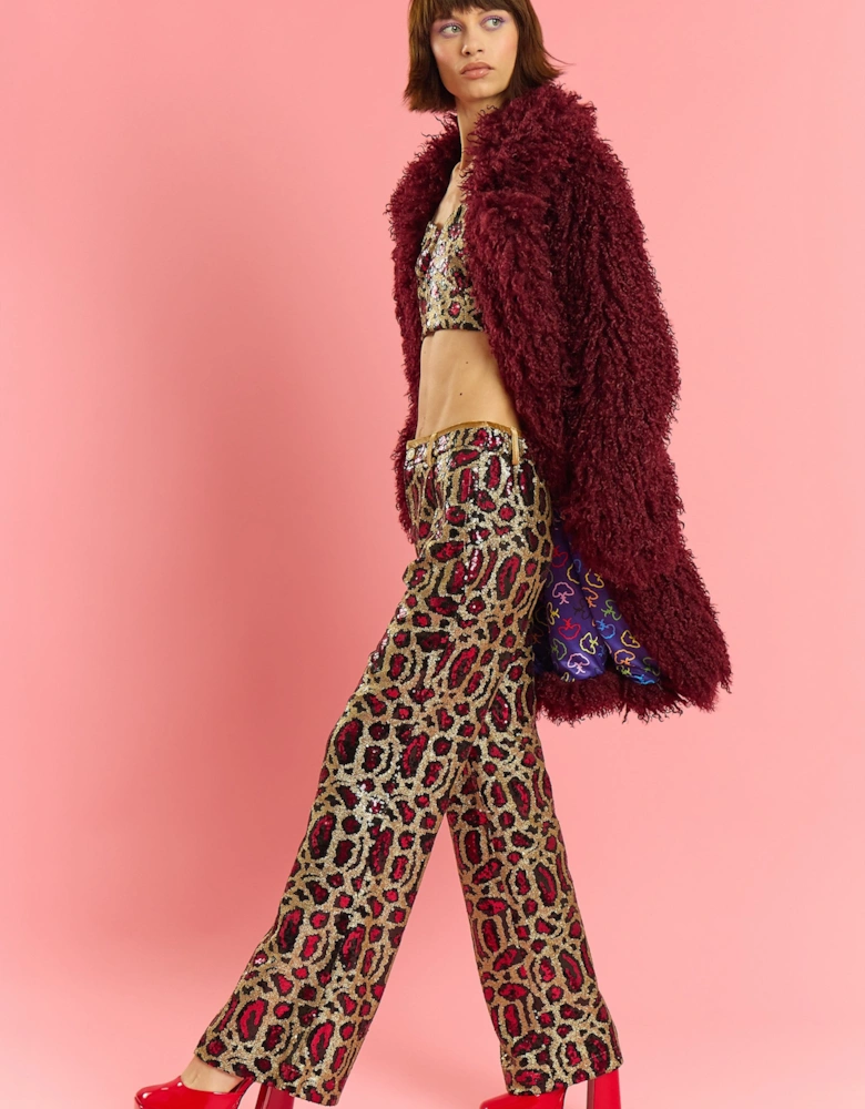 Deep Red Bamboo Knitted Faux Shearling Midi Coat