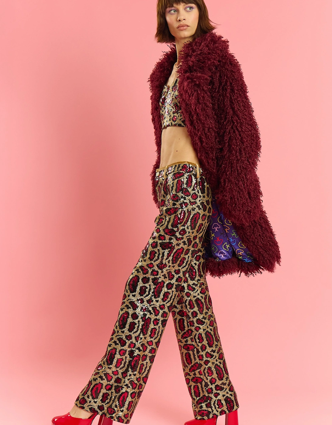 Deep Red Bamboo Knitted Faux Shearling Midi Coat, 6 of 5