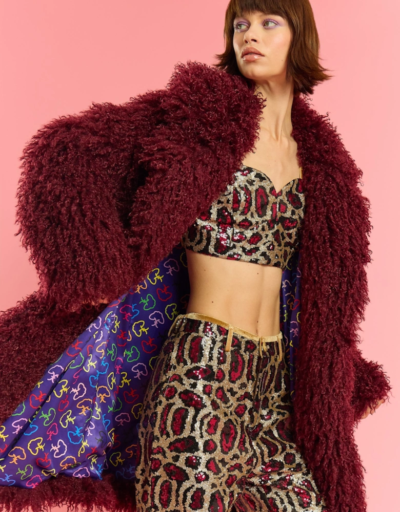 Deep Red Bamboo Knitted Faux Shearling Midi Coat