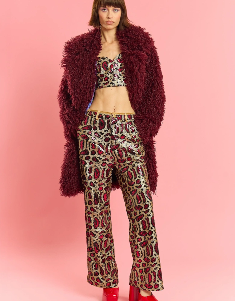 Deep Red Bamboo Knitted Faux Shearling Midi Coat