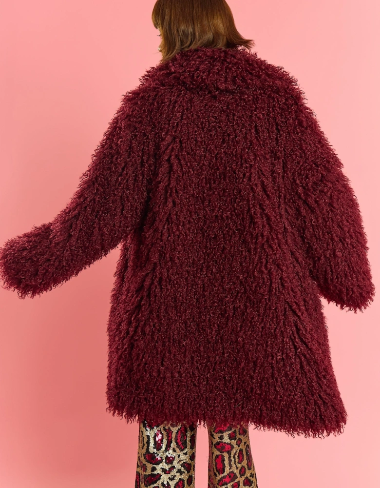 Deep Red Bamboo Knitted Faux Shearling Midi Coat