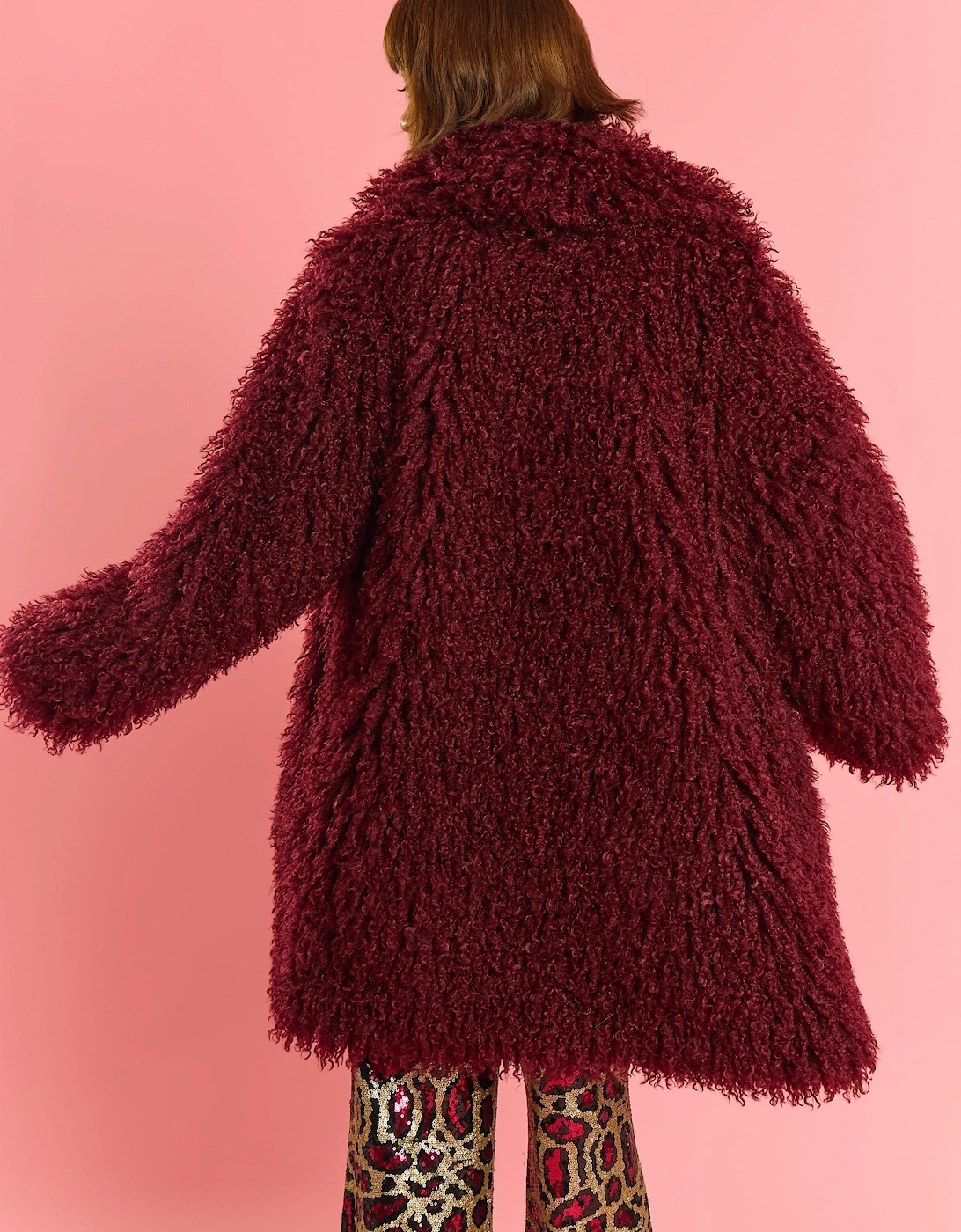 Deep Red Bamboo Knitted Faux Shearling Midi Coat