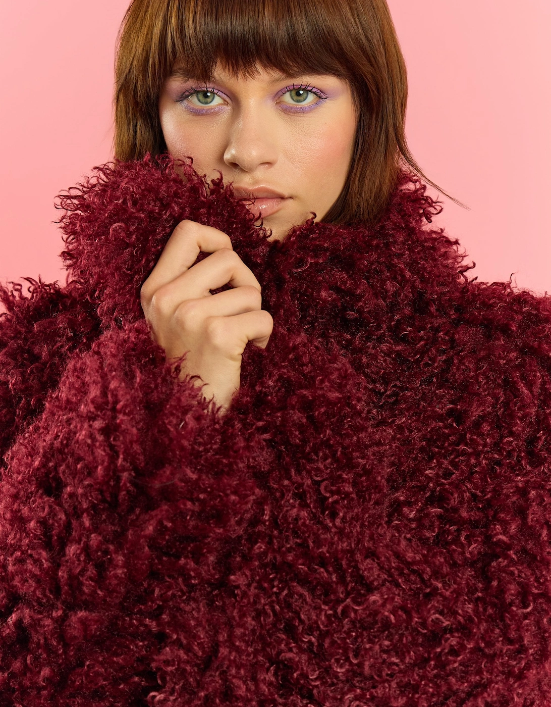 Deep Red Bamboo Knitted Faux Shearling Midi Coat